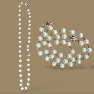 Vintage 1950s Faux Pearl Rhinestone Opera Necklace 26”